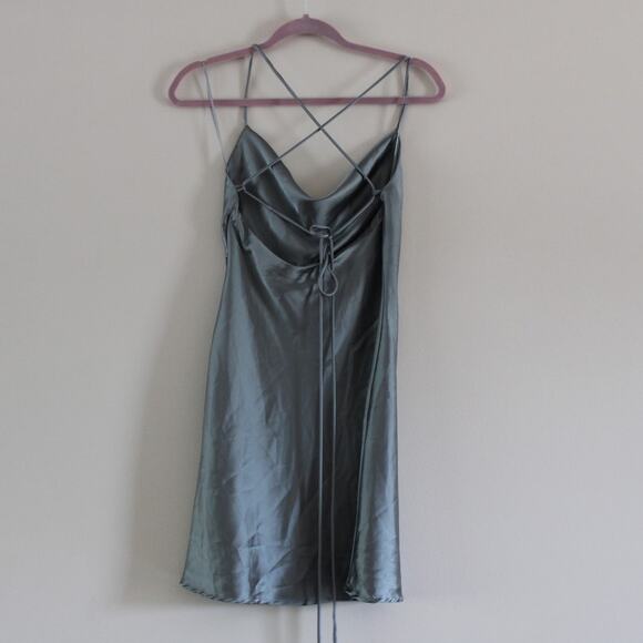 Le Lis Show Me a Good Time Slip Mini Dress in Pewter Satin Green Lace Back Drape - Picture 1 of 4